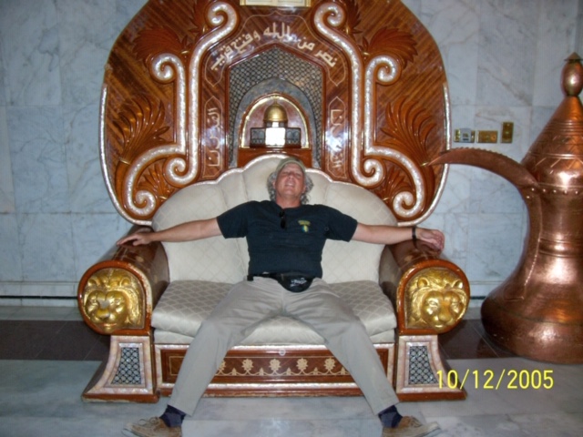 Major Messing got comfortable in one of Saddam Hussein's thrones.